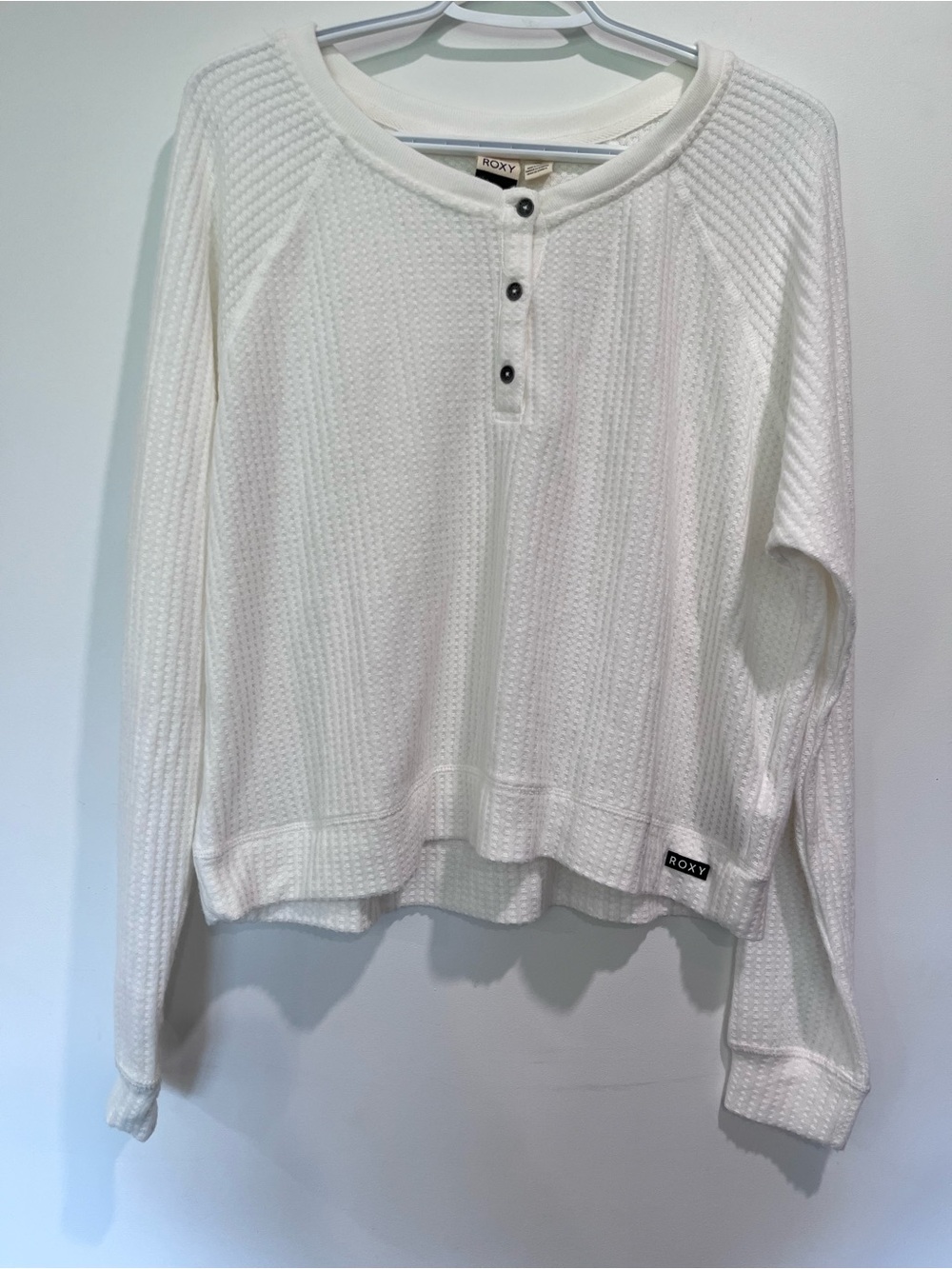 Roxy White Waffle Knit Henley Long Sleeve Top Sweatshirt Cropped Thermal Size L